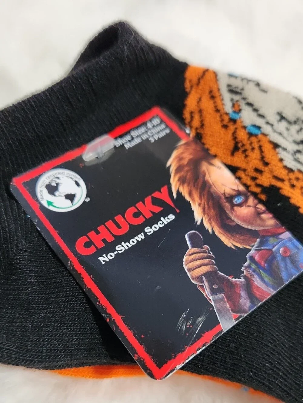 Universal Chucky No-Show Socks in Black & Orange with Multicolor Graphic
